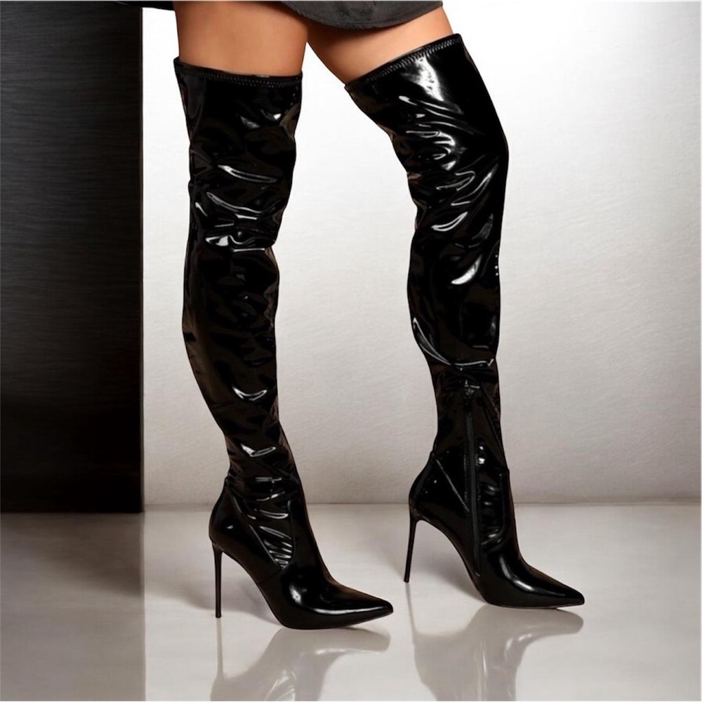 Black Thigh-High Patent Stiletto Boots